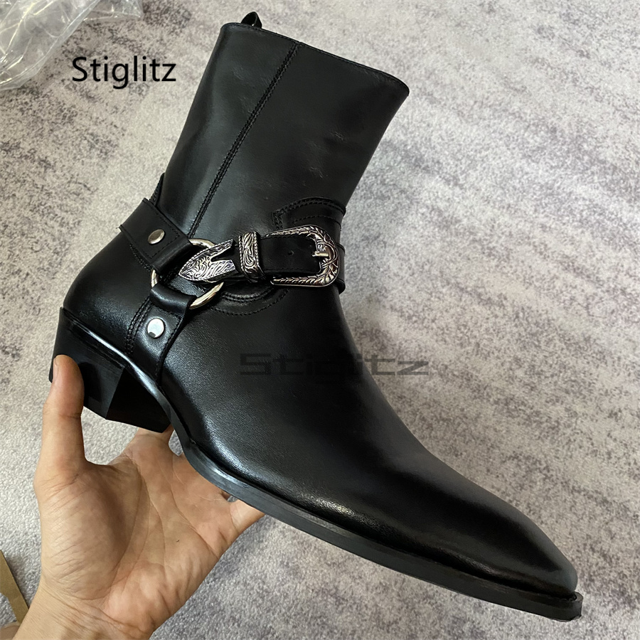 Leather Work Western - Heren enkellaarzen met riemgesp, zwart echt
